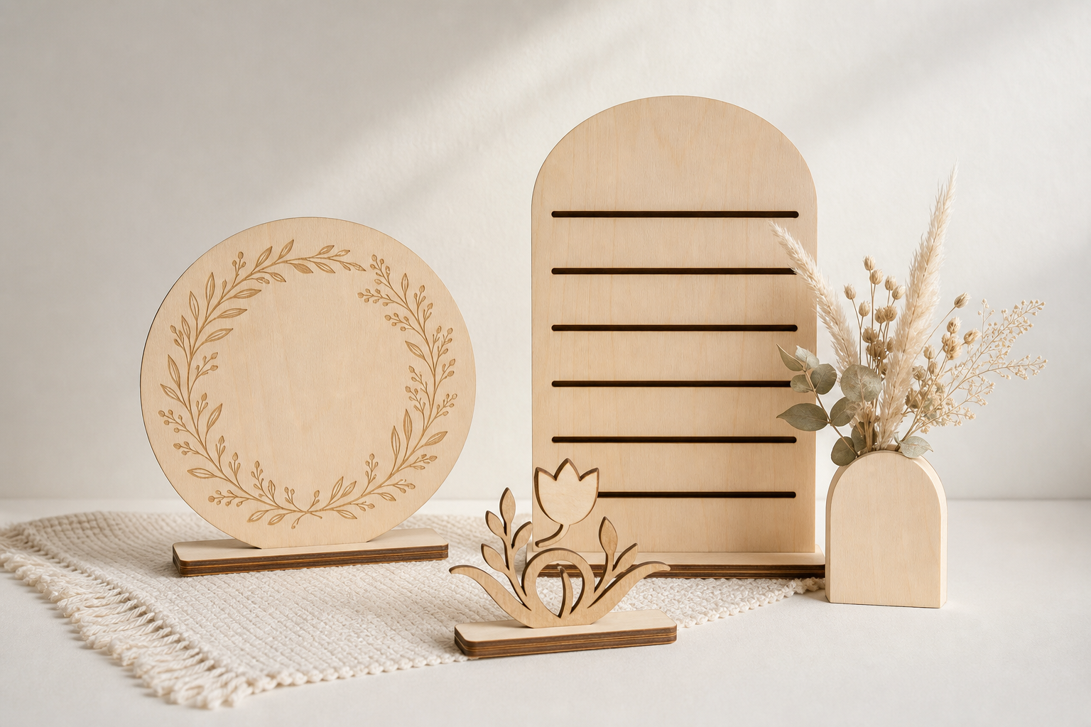 Décorations artisanales en bois, fleurs séchées et bougie